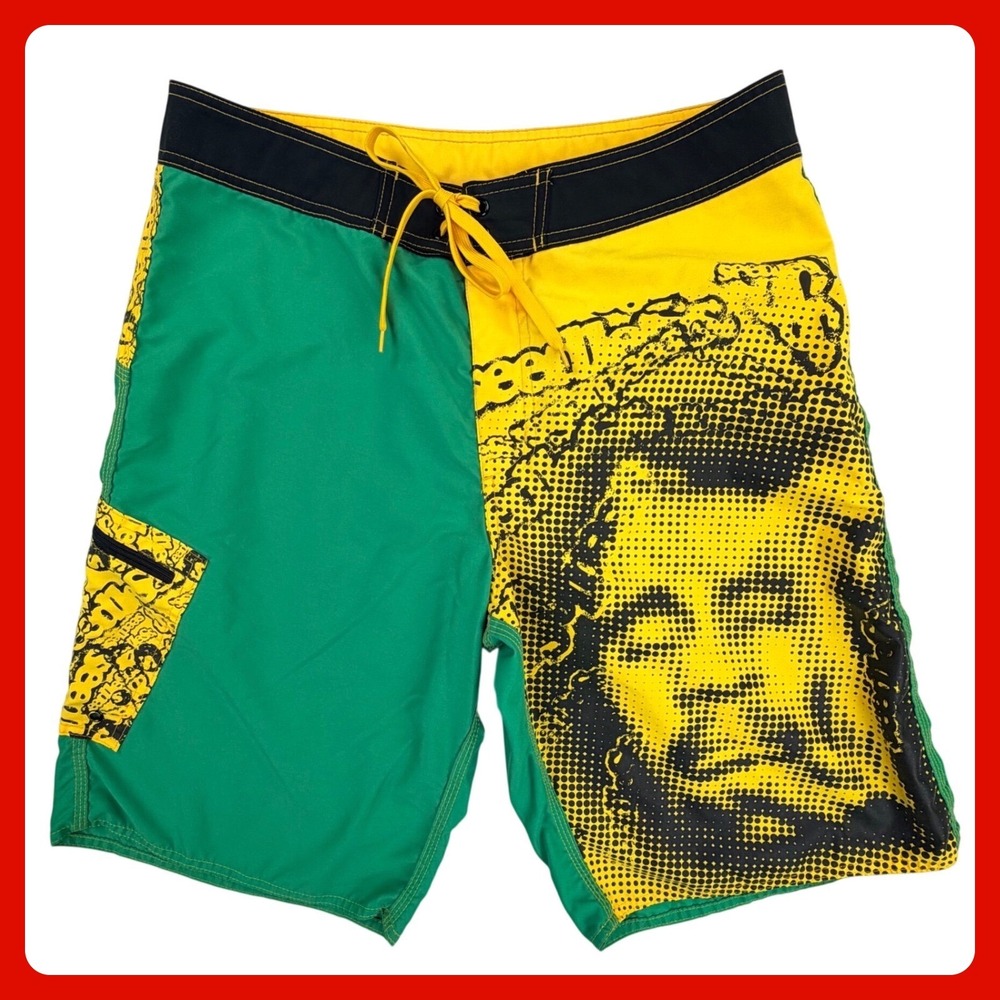 Seedless Bob Marley Board Shorts Men 34 Green Yellow Jamaican Graphic Surf
